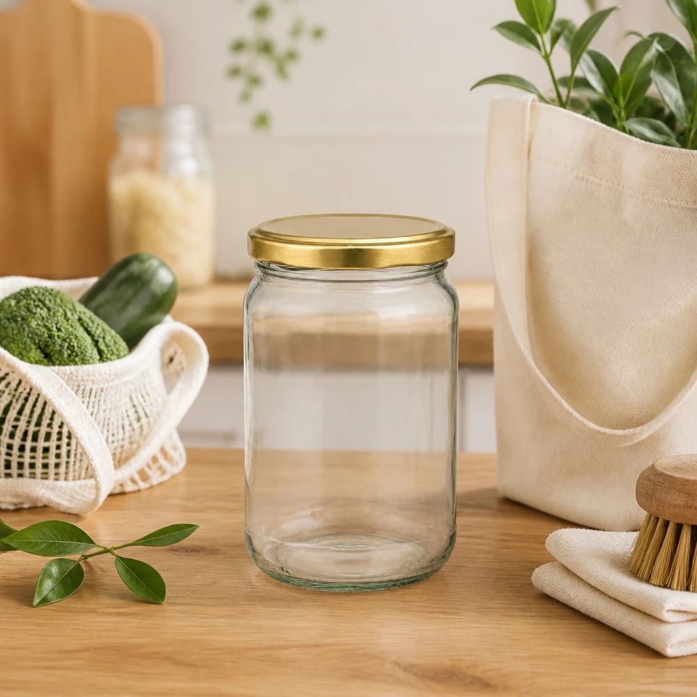 305ml Rundglas mit BasicSeal Deckel gold UNiTWIST 305ml Rundglas BasicSeal UNiTWIST gold in nachhaltiger Küchenszene mit Öko-Tasche und Zero-Waste-Zubehör