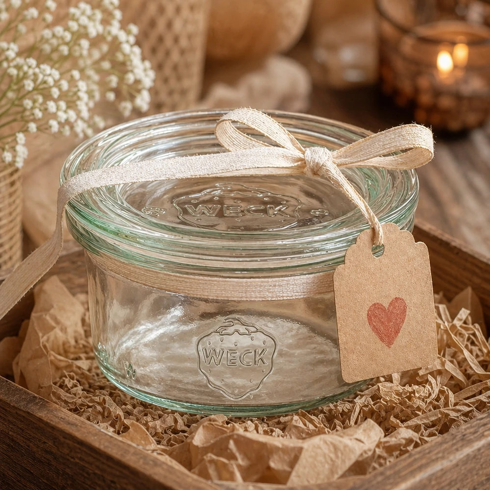 Copos de vidro de 50ml com tampa WECK RR60 Copos WECK de 50 ml apresentados como um presente decorativo com fita e pendente em forma de coração num ambiente rústico