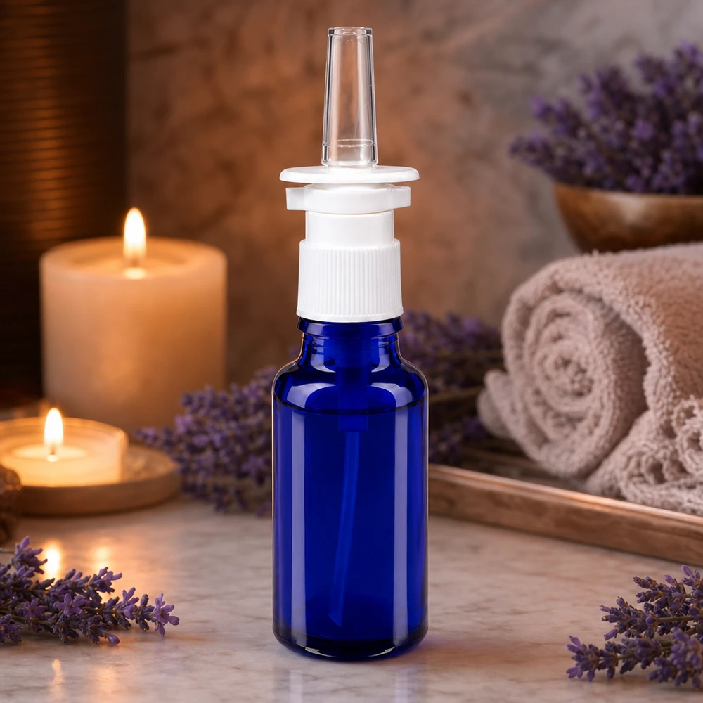 Frasco de farmácia azul 20ml atomizador nasal branco standard Frasco de spray nasal azul cobalto de 20 ml com anel de rosca branco e bico de aplicação cónico em vidro transparente
