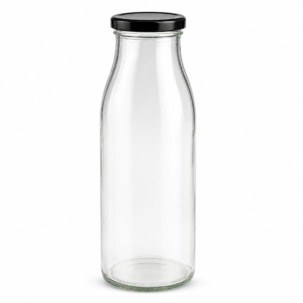 Garrafa de vidro de 500 ml com tampa BasicSeal preta certificada pela ONU, transparente e em pé foto do produto