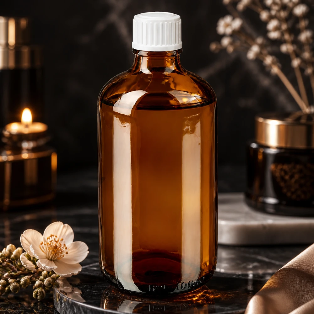 Frasco de vidro âmbar de 100 ml com tampa dosadora branca para cosméticos naturais e aromaterapia