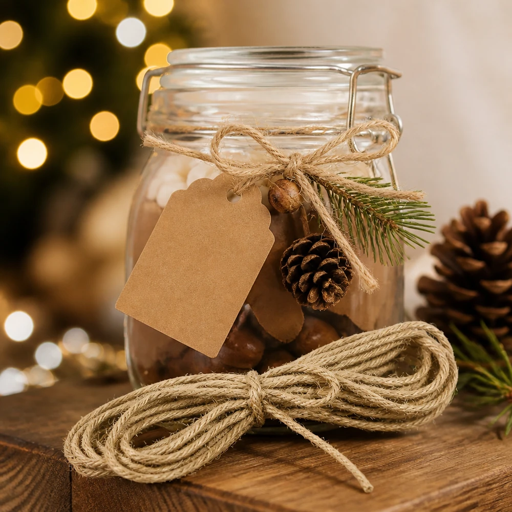 Cordão natural para decoração, com 300 cm de comprimento Cordão de juta natural de 300 cm como decoração de Natal com pinhas e etiquetas de presente num frasco decorado de forma festiva