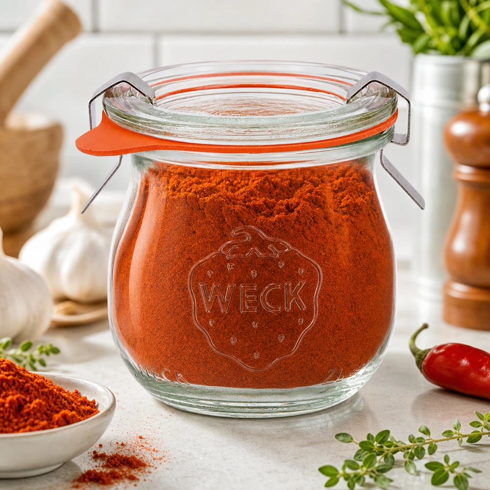 Frasco de tulipa WECK 75ml RR40 cheio de paprica em pó na cozinha de especiarias mediterrânica com ervas frescas e malagueta