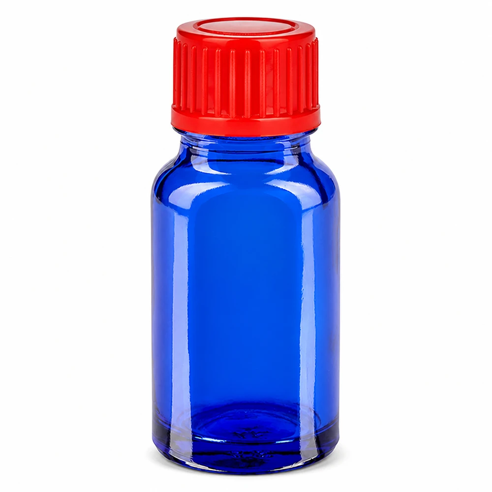 Frasco de 10ml com tampa de rosca de 11mm vermelho standard BlueLine UT18/10 Frasco de vidro azul de 10 ml com tampa de rosca vermelha para aplicações laboratoriais e produtos químicos