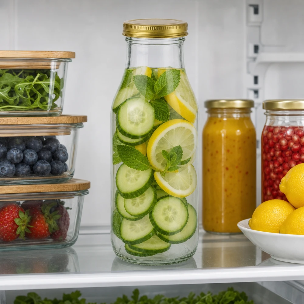 Frasco de 263 ml com tampa dourada UNiTWIST BioSeal A garrafa UNiTWIST263 com água de pepino e limão no frigorífico mostra a tampa dourada TO43 BioSeal para bebidas frescas