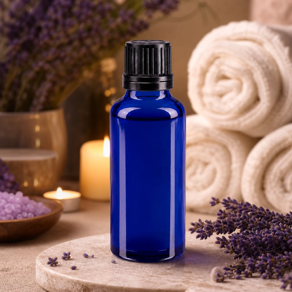Frasco conta-gotas azul de 30 ml em vidro de farmácia com tampa original à prova de crianças