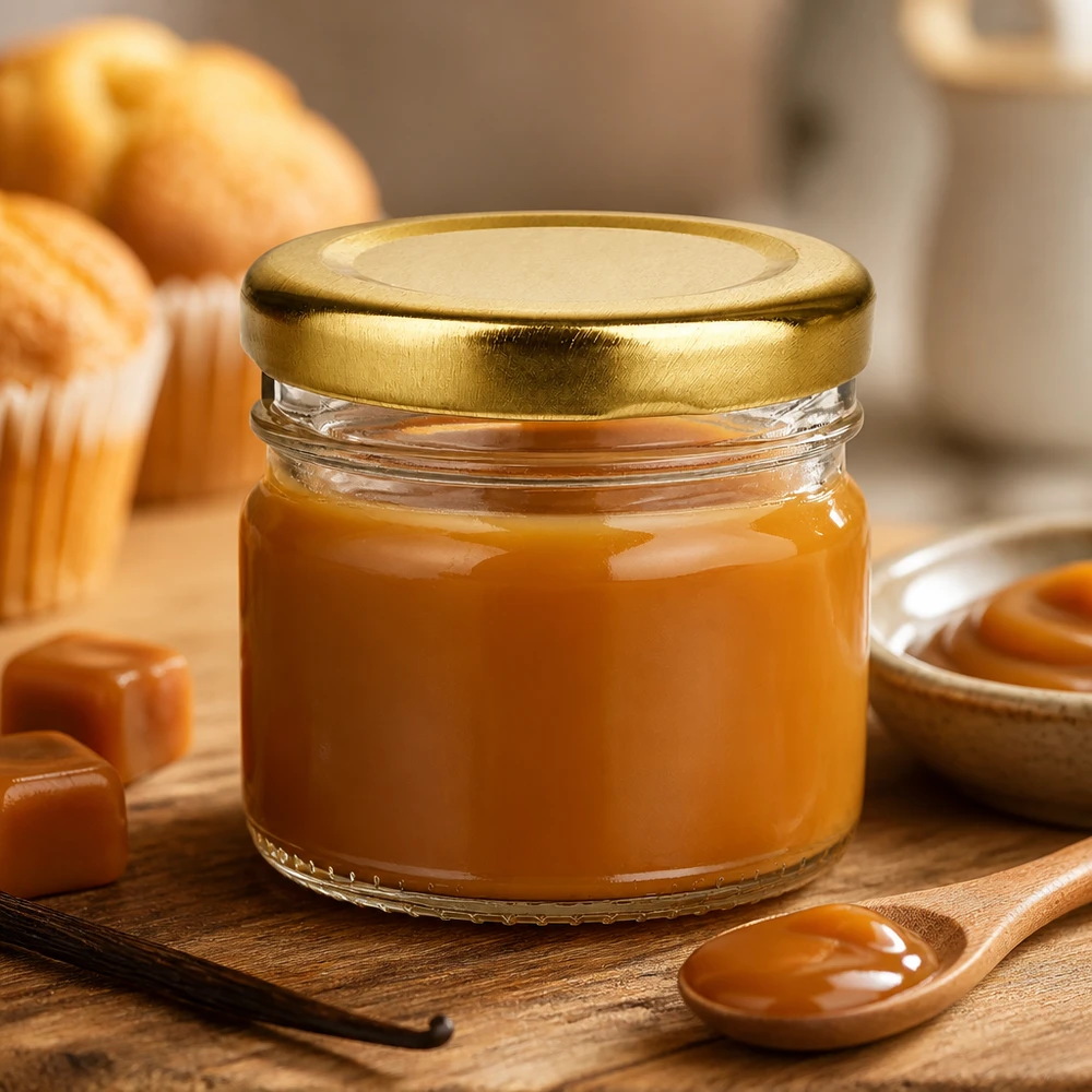 Creme de caramelo num pequeno frasco redondo de vidro de 33 ml com tampa BasicSeal dourada, sobre uma tábua de madeira com uma vagem de baunilha