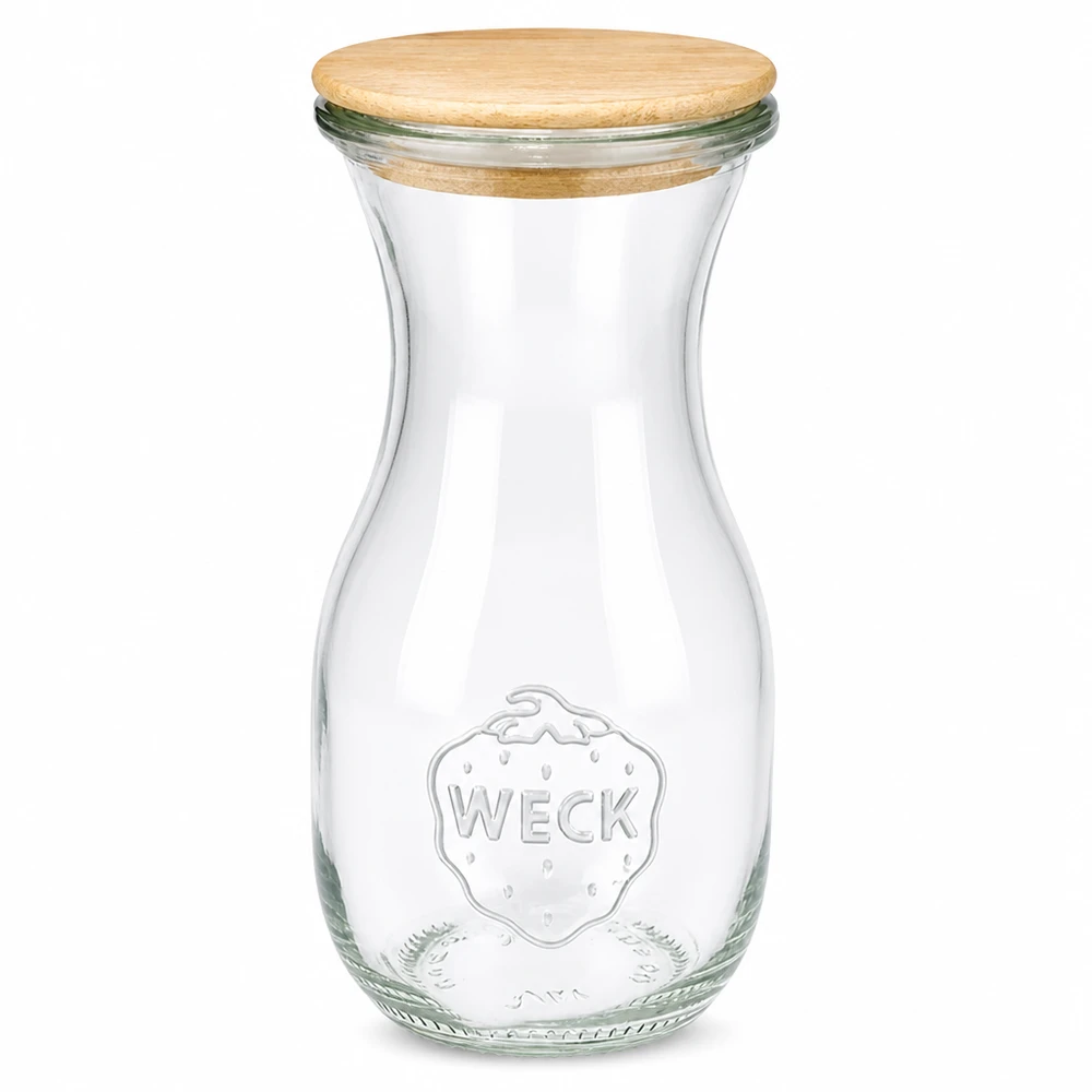 290ml Saftflasche Edition RR60 mit Holzdeckel Garrafa de sumo WECK de 290 ml em vidro com tampa de madeira e logótipo gravado em relevo sobre fundo branco