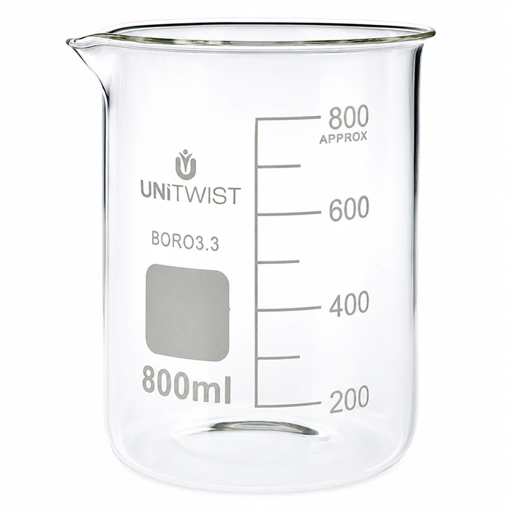 Copo 800 ml de borossilicato, baixo teor de bolor UNiTWIST Copo de laboratório de 800 ml em borossilicato, de formato baixo, com escala, da UNiTWIST