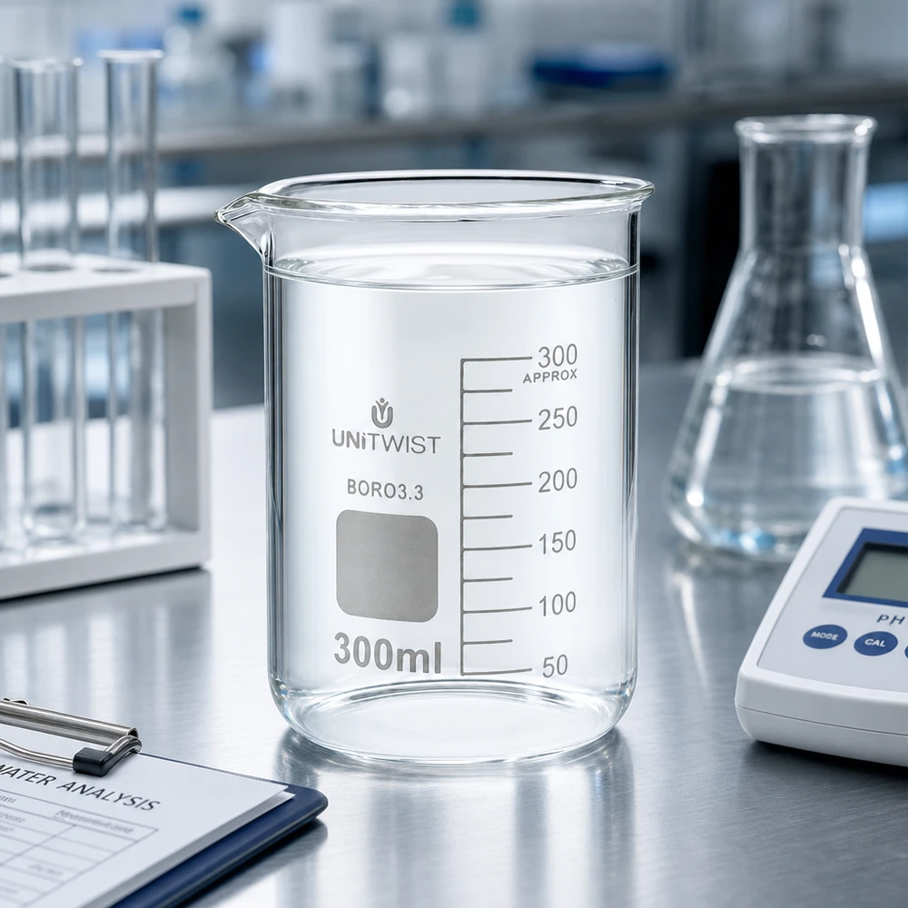 Copo de 300 ml de borossilicato, baixo teor de bolor UNiTWIST Copo de vidro UNiTWIST de 300 ml, de borossilicato, de formato baixo, num laboratório profissional, sobre uma mesa de aço inoxidável