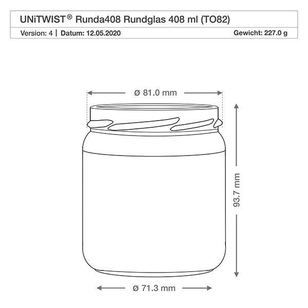 Frasco redondo de 408 ml sem tampa (TO82) UNiTWIST UNiTWIST Runda408 vidro redondo 408ml TO82 desenho técnico com dimensões diâmetro 81mm altura 93,7mm peso 227g