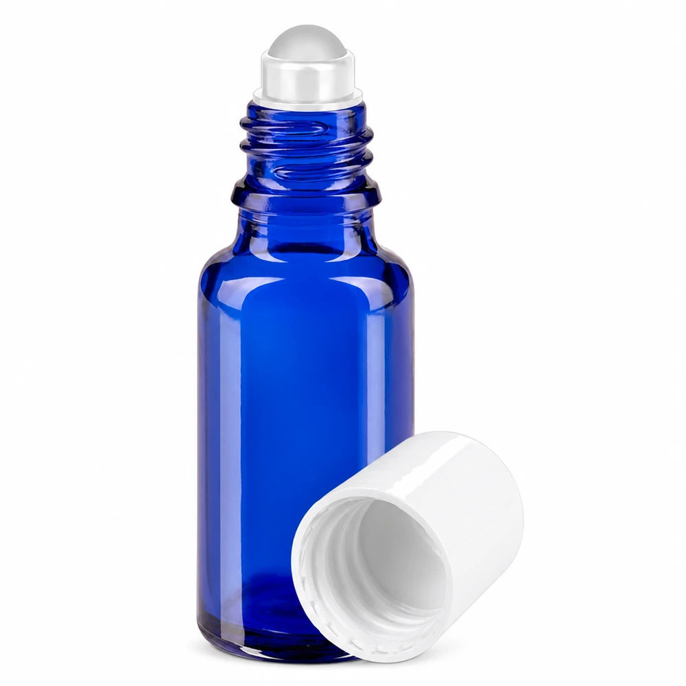 Frasco azul de 20 ml com aplicador de bola, em vidro de farmácia, com tampa branca e bola aplicadora