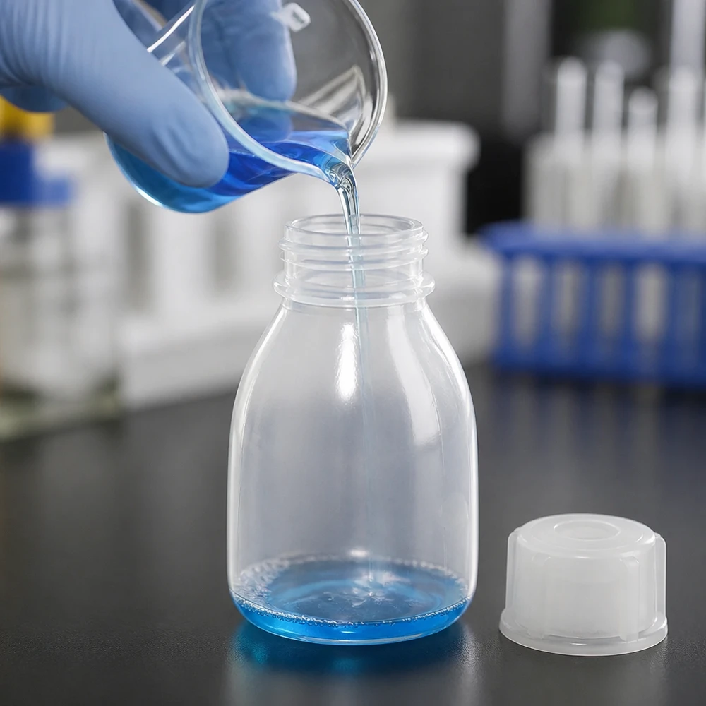 O líquido azul é vertido num frasco transparente de 10 ml com tampa de rosca e gargalo estreito