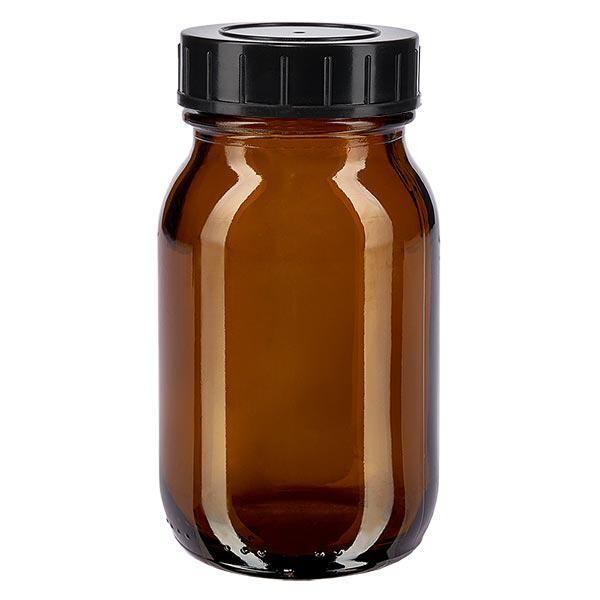 Frasco de vidro âmbar com gargalo largo de 100ml com tampa de rosca