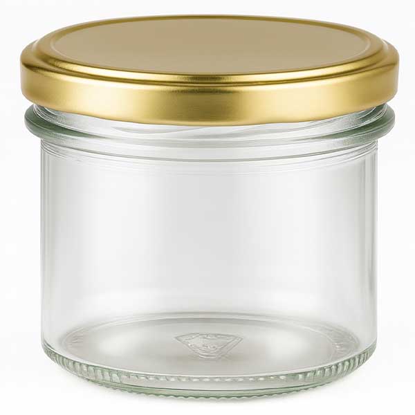 Copos de vidro de 125 ml com tampa BasicSeal dourada UNiTWIST 125ml Sturzglas leer mit goldenem BasicSeal Deckel UNiTWIST für Marmelade und Konserven