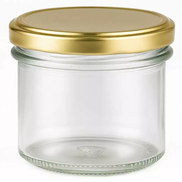 Copos de vidro de 125 ml com tampa BasicSeal dourada UNiTWIST 125ml Sturzglas leer mit goldenem BasicSeal Deckel UNiTWIST für Marmelade und Konserven