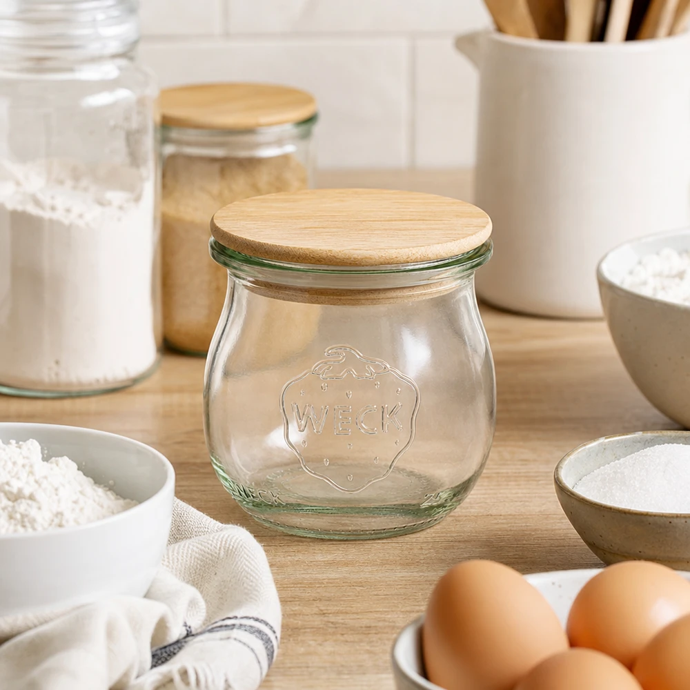 Frasco de tulipa WECK RR40 75ml com tampa de bambu numa cozinha moderna rodeado de ovos, farinha e utensílios de cozinha