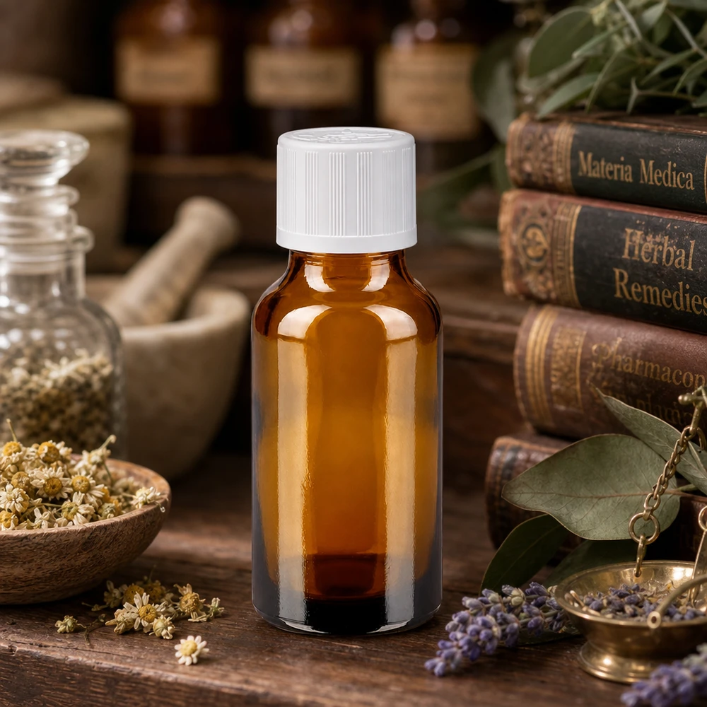 Frasco de farmácia de vidro castanho de 20 ml com tampa de segurança para crianças branca, ao lado de obras de Materia Medica e livros sobre ervas