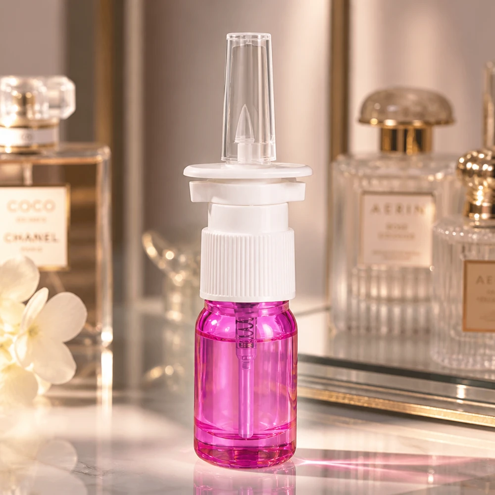 Frasco de spray nasal de 5ml branco/transparente standard PurpleLine UT18/5 Frasco de spray nasal PurpleLine de 5 ml com rosca UT18/5 para aplicações médicas e cosméticas