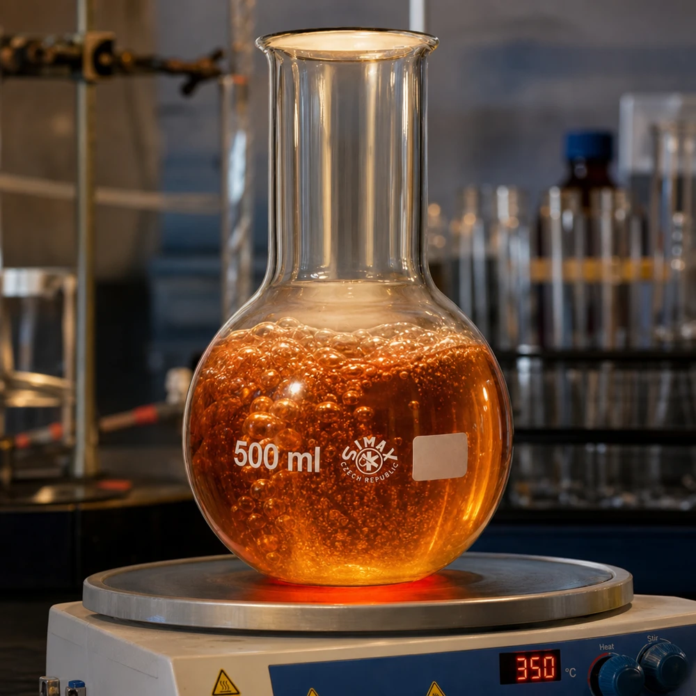 Balão vertical de 500 ml sobre placa de aquecimento a 350°C para processos de destilação e aquecimento no laboratório