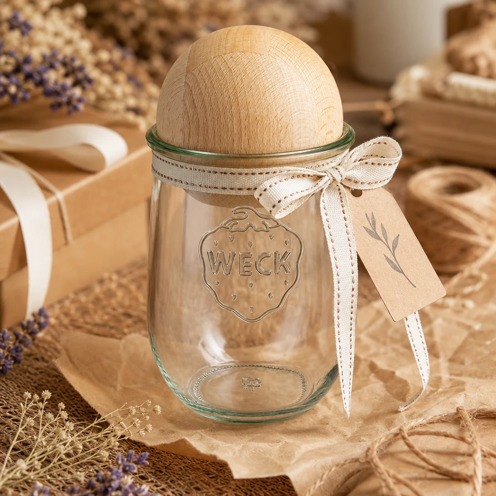 Frasco tulipa de 1062ml WECK RR100 com bola de madeira faia Frasco de arrumação WECK RR100 1062ml com tampa de bola de faia em decoração natural de casa de campo com lavanda e fita de madeira
