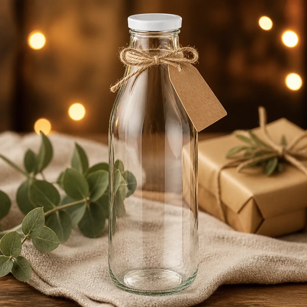 Garrafa de vidro de 1000 ml + tampa BasicSeal branca UNiTWIST Garrafa de vidro de 1000 ml BasicSeal tampa branca embalagem de oferta saco de juta decoração de eucalipto luz quente apresentação rústica