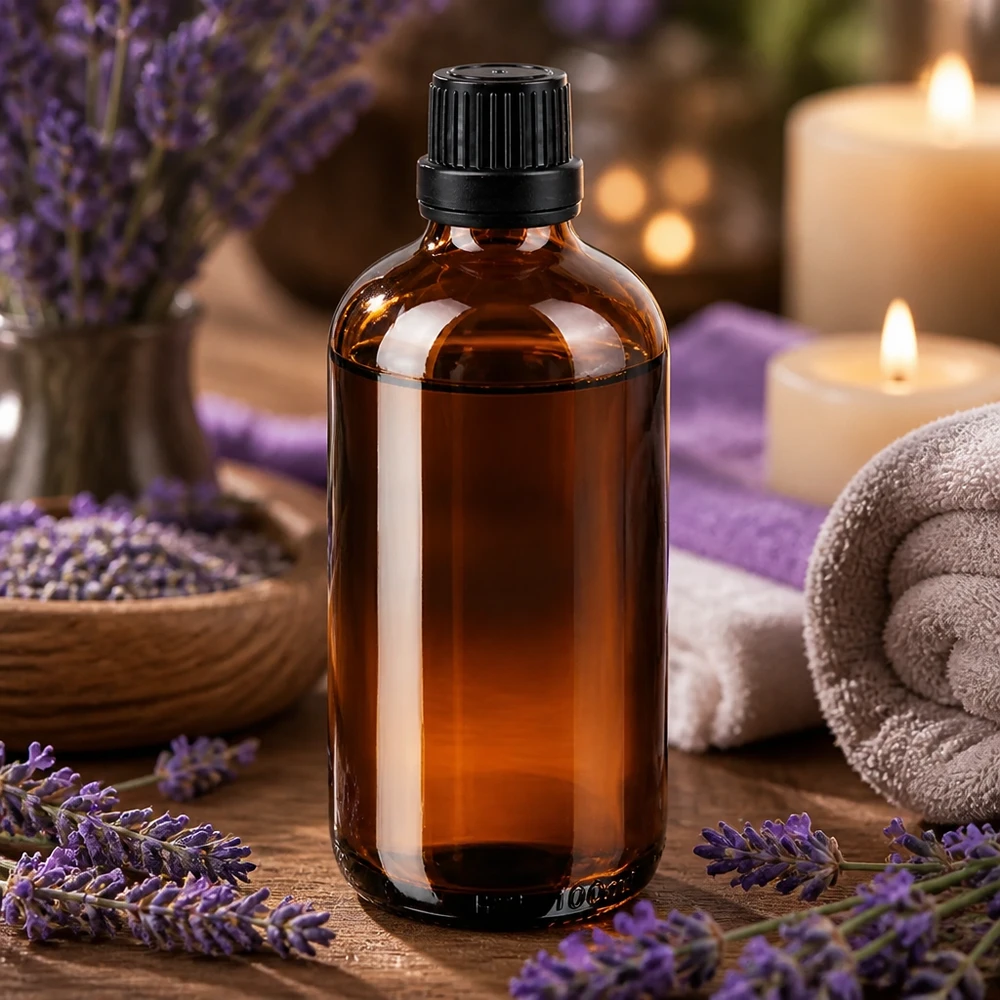 Frasco de farmácia castanho 100ml conta-gotas tampa premium 2mm preto fecho inviolável Frasco de farmácia de 100 ml em vidro castanho com conta-gotas de 2 mm, rodeado por flores de lavanda e velas
