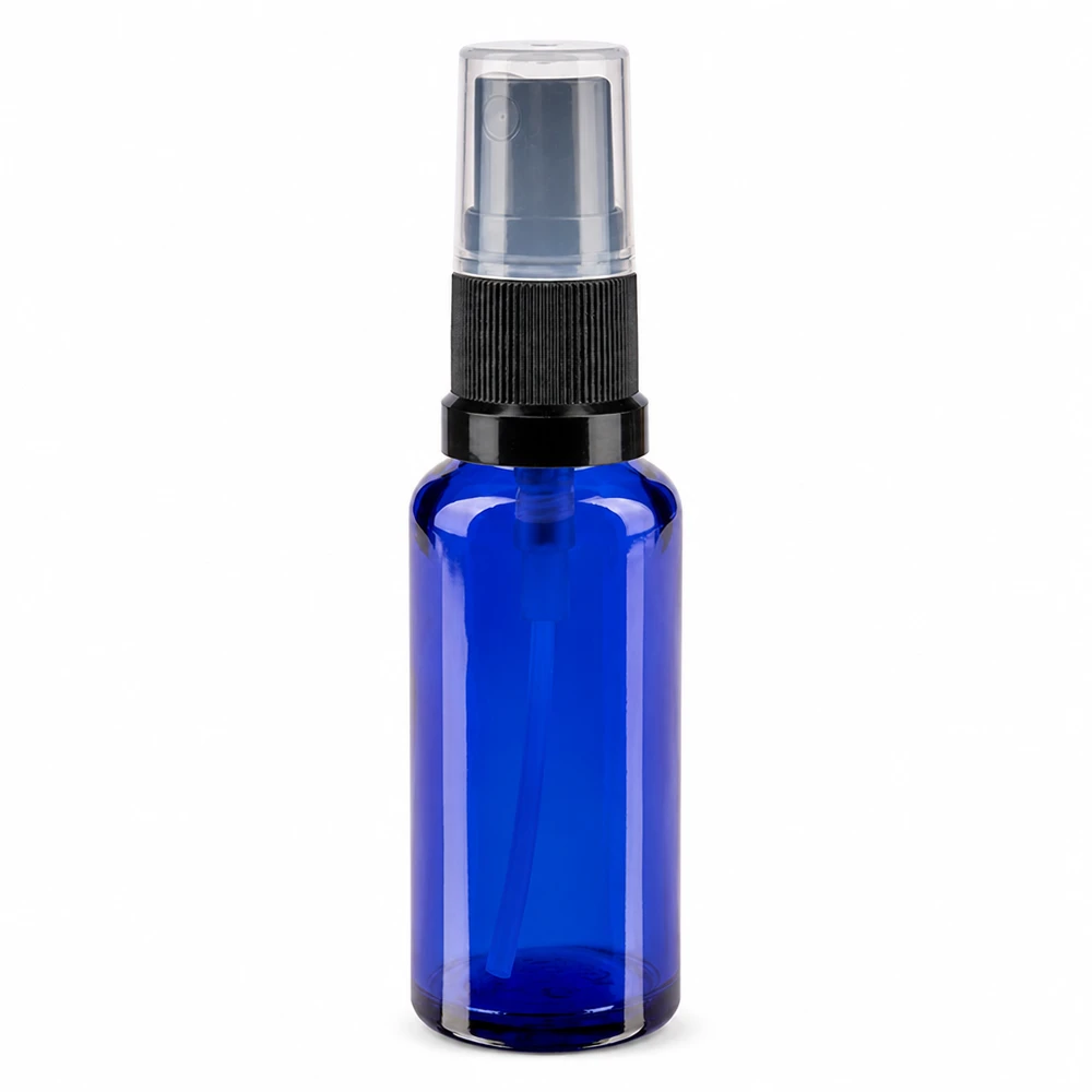 Frasco de vidro azul de 30 ml com pulverizador preto e tampa protetora transparente para uso farmacêutico