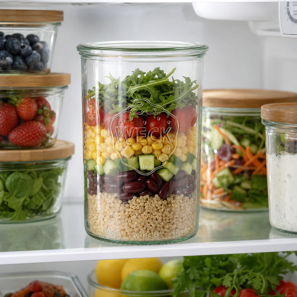 Frasco de vidro de 1000 ml WECK RR100 WECK Sturzglas 1000ml mit buntem Schichtsalat im Kühlschrank - perfekt für Meal Prep und stylische Aufbewahrung
