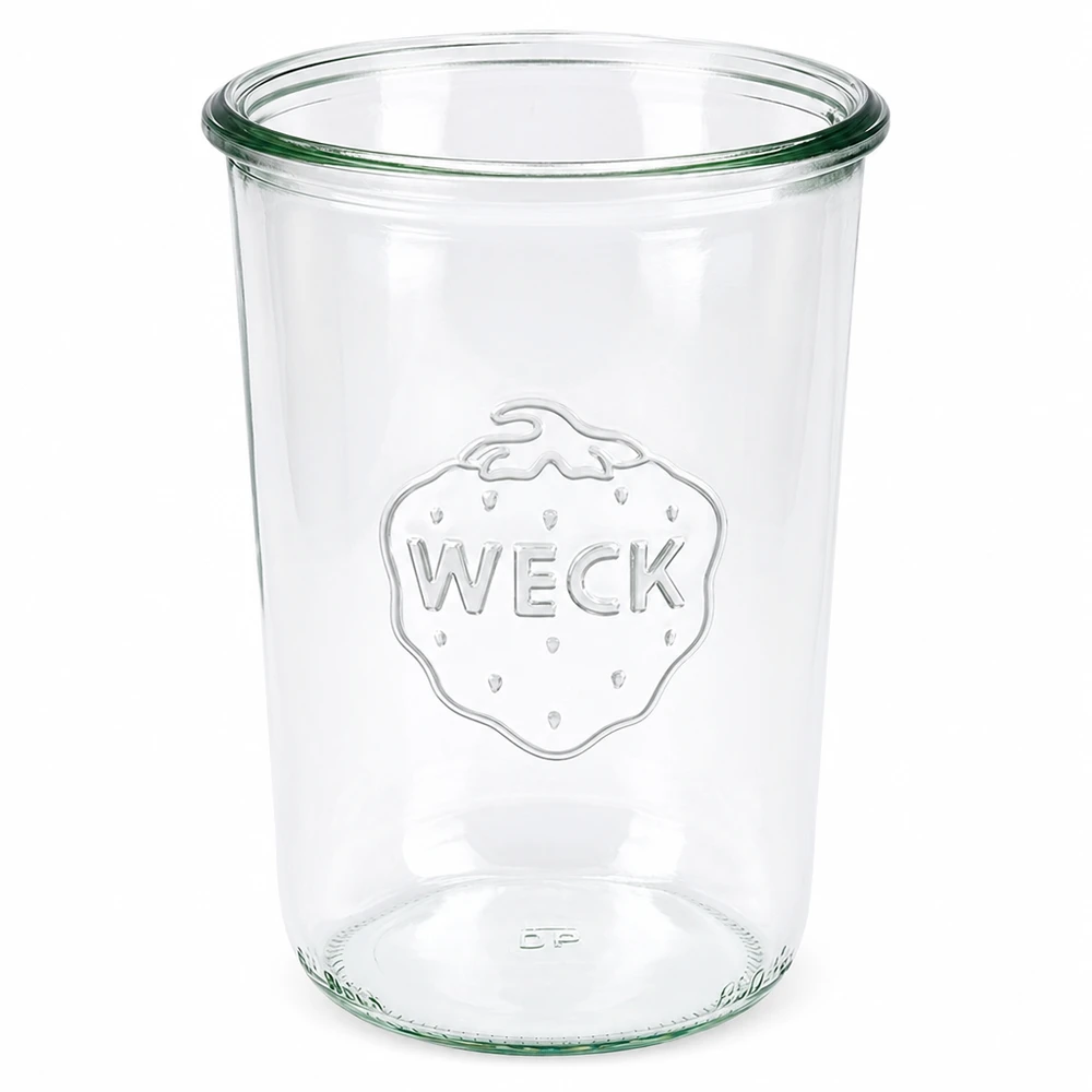 Copos WECK 850ml RR100 em vidro transparente com logótipo gravado e rebordo verde para conservação e armazenamento