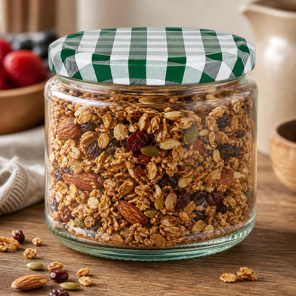 330ml Rundglas + BasicSeal Deckel grün/weiß UNiTWIST Rundglas 330ml gefüllt mit Müsli und Nüssen, grün-weißer BasicSeal Deckel, perfekt für Vorratshaltung in der Küche