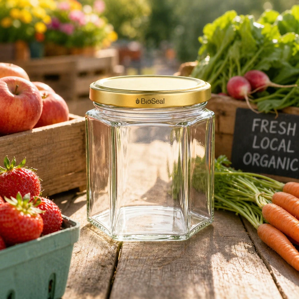 Frasco de vidro vazio UNiTWIST Hexa47 com tampa dourada BioSeal entre frutas e legumes biológicos frescos numa mesa de madeira