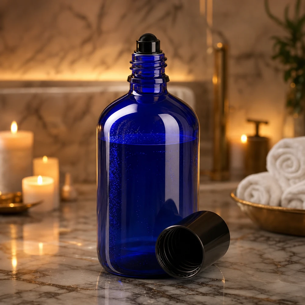 Frasco roll-on aberto de 100 ml em azul cobalto com tampa preta sobre fundo de mármore