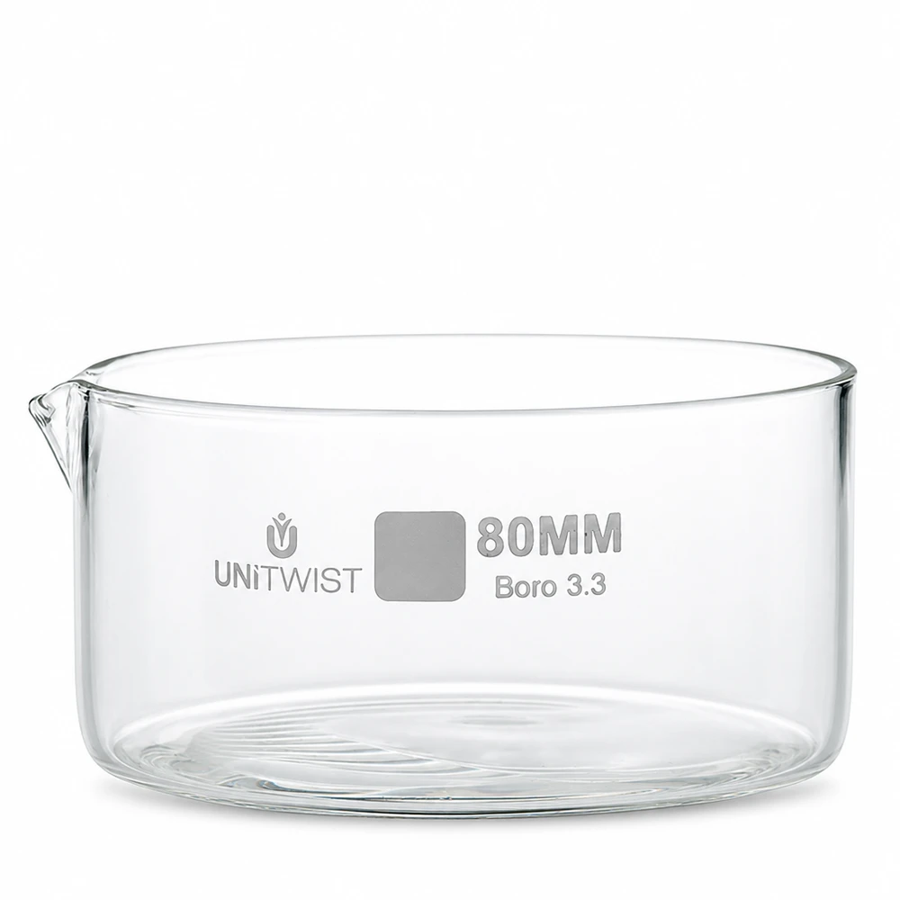 Taça de cristalização de 80 mm em vidro borossilicato transparente 3.3 da UNiTWIST com bico de vertimento