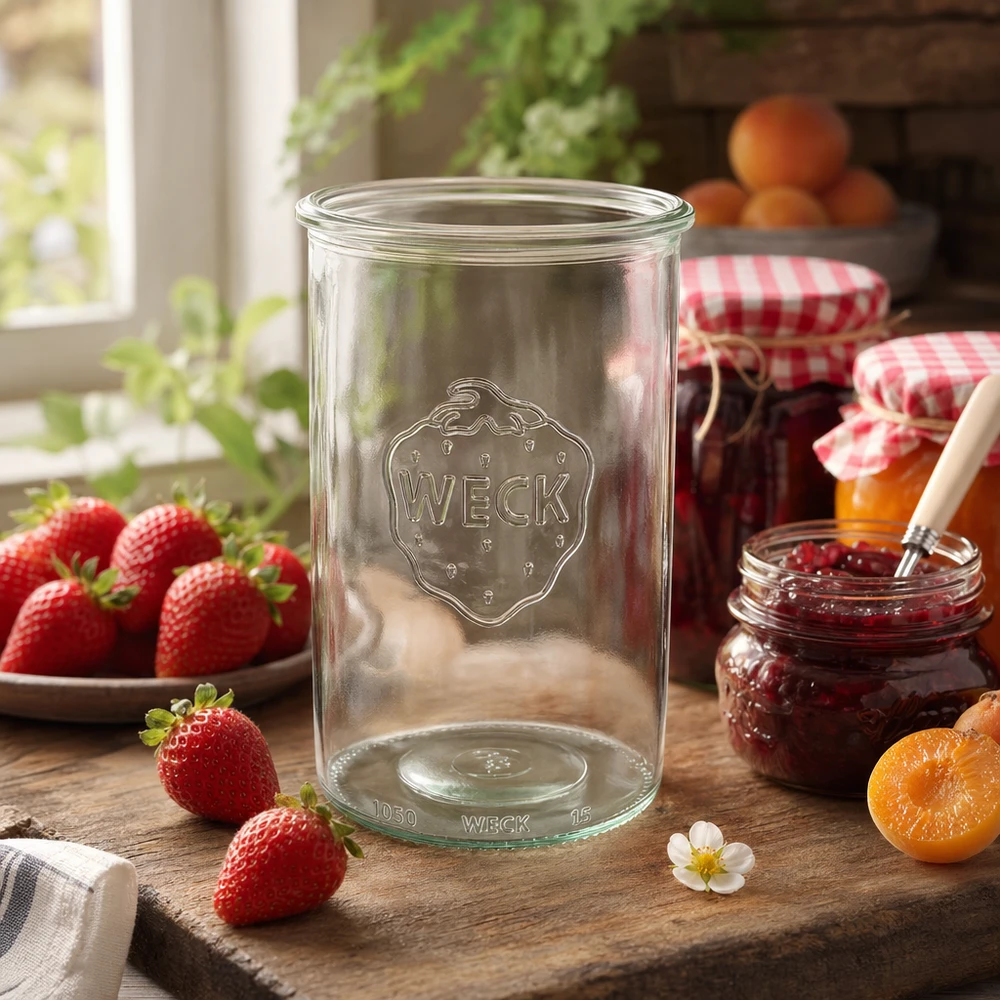 Frasco de vidro de 1000 ml WECK RR100 Frasco de conserva WECK RR100 de 1000 ml numa mesa de madeira com morangos frescos e compota caseira