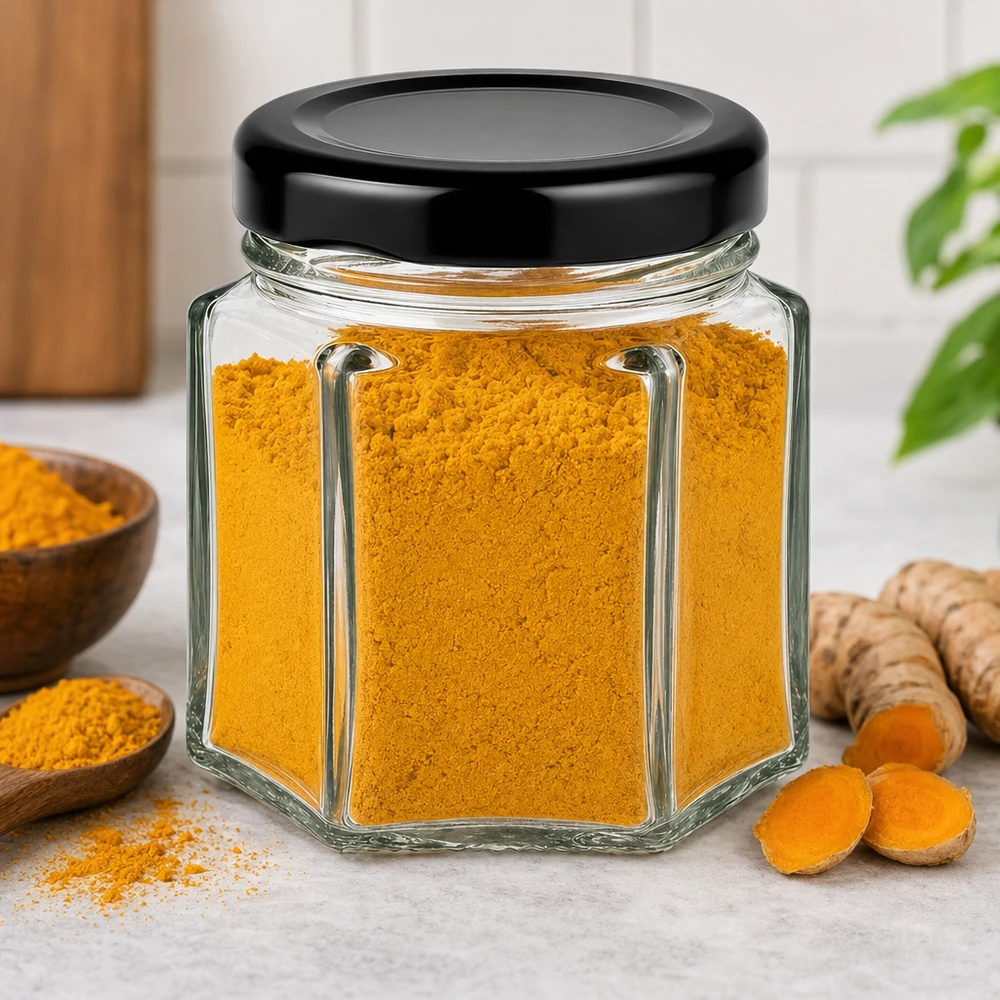 Frasco hexa de 47 ml com tampa BasicSeal preta UNiTWIST 47ml Hexaglas mit schwarzem Deckel gefüllt mit Kurkuma-Pulver neben frischen Kurkuma-Wurzeln in Küchenambiente