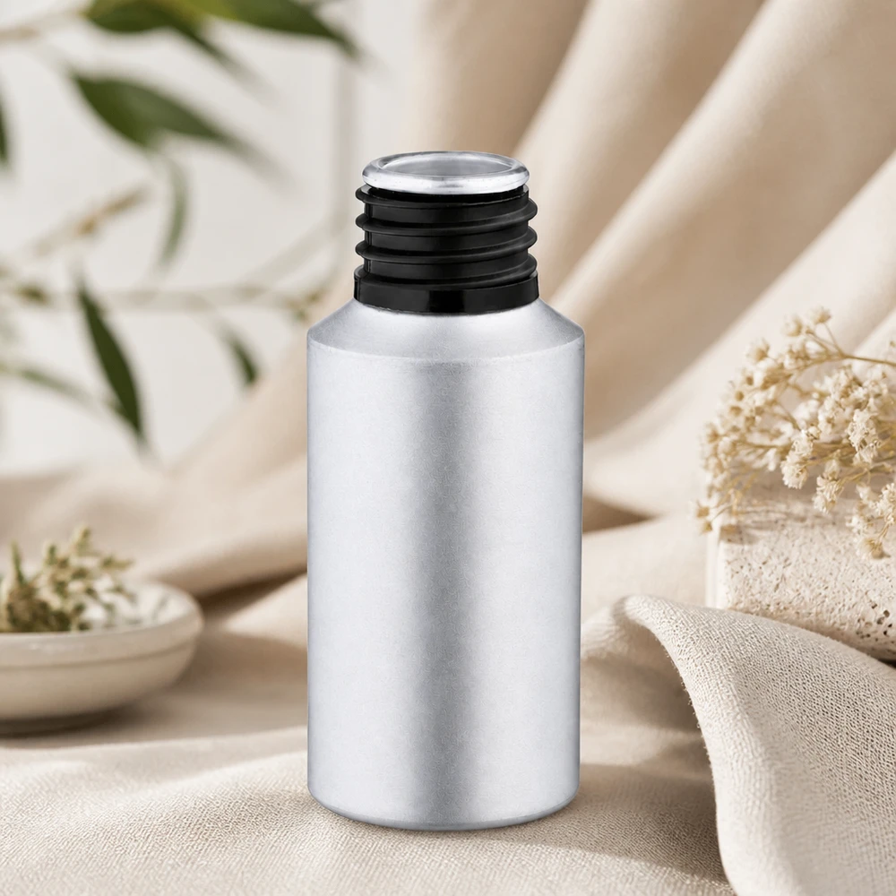 Frasco de alumínio tingido de 30 ml com forma cilíndrica e design fino para uma apresentação elegante do produto