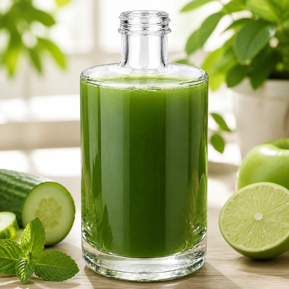 Garrafa de vidro de 375 ml cheia de batido verde ao lado de pepino, lima e hortelã sobre um fundo de madeira clara