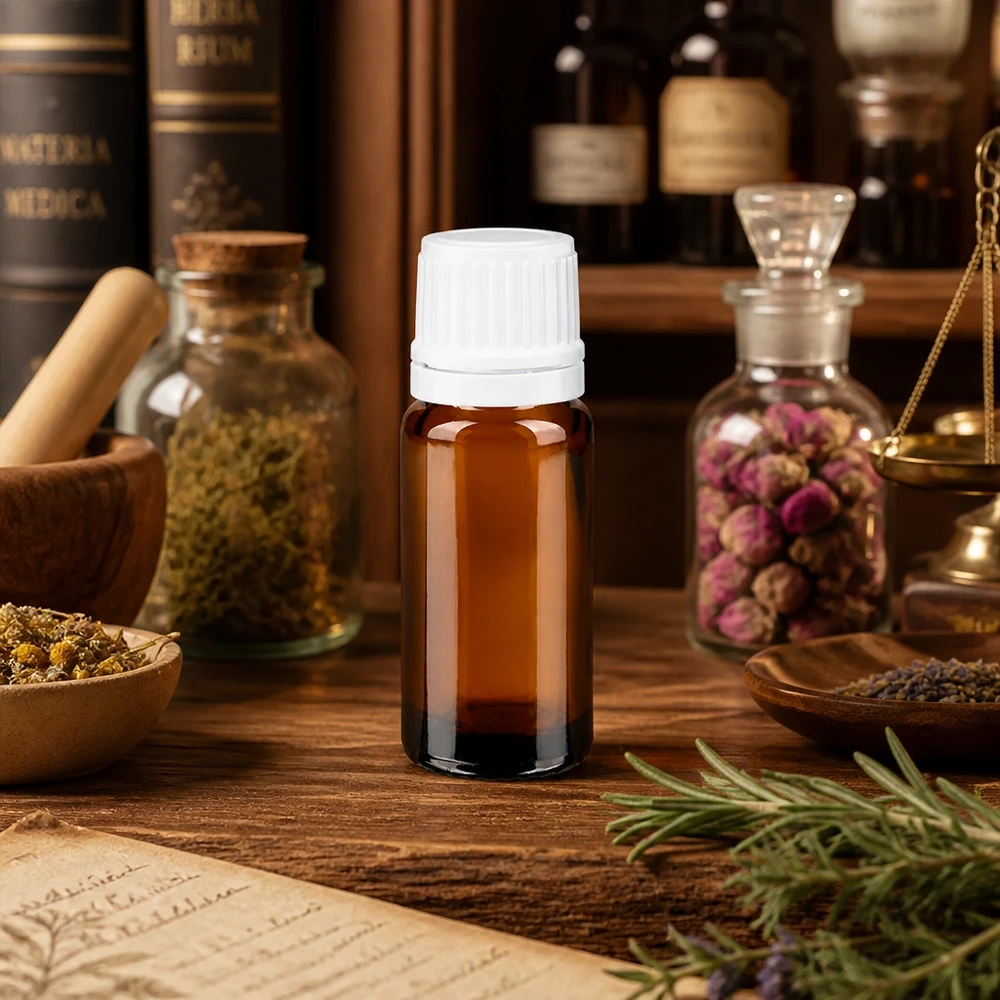 Frasco de proteção contra a luz, 10 ml, castanho, com tampa OV branca, para substâncias e óleos sensíveis aos raios UV