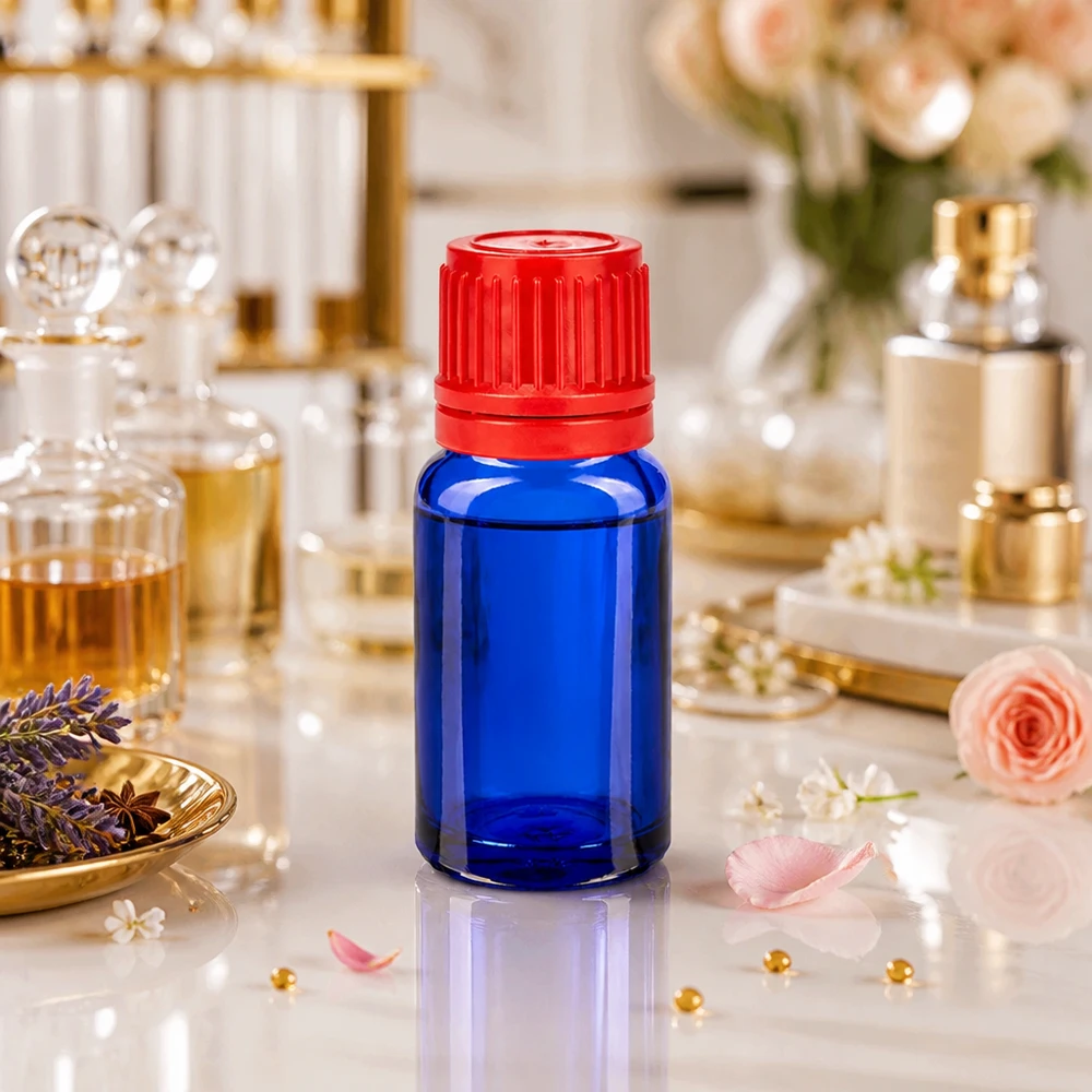 Frasco de 10ml 11mm tampa de rosca vermelha inviolável BlueLine UT18/10 Frasco de vidro BlueLine de 10 ml com tampa vermelha de 11 mm ideal para óleos de perfume e essências
