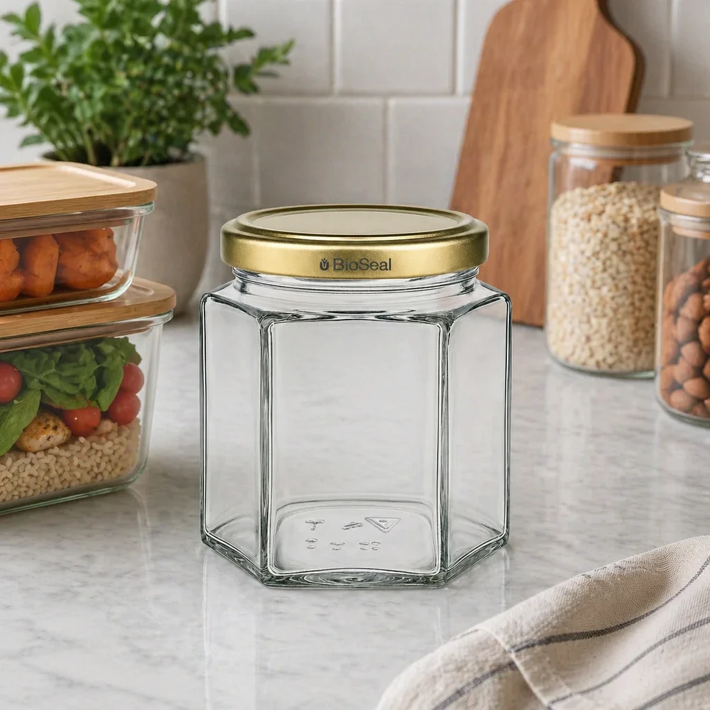 520g Honigglas mit goldenem Deckel BioSeal UNiTWIST Frasco de mel hexagonal BioSeal de 520 g vazio com tampa dourada na bancada da cozinha ao lado de frascos de arrumação e utensílios de cozinha