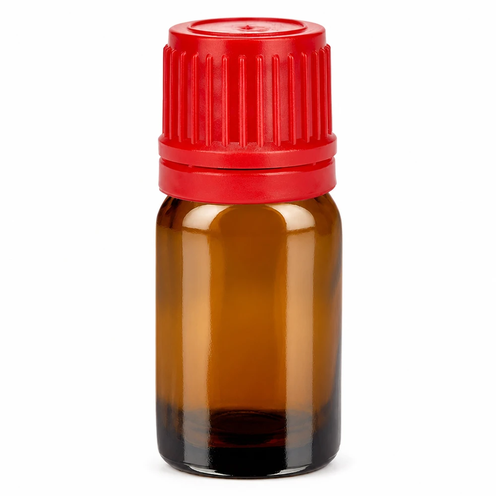 Frasco de 5 ml com tampa de rosca de 11 mm, tampa inviolável vermelha BrownLine UT18/5 Frasco de vidro âmbar de 5 ml com tampa vermelha para óleos essenciais e aromaterapia