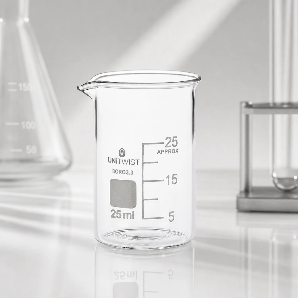 Copo de vidro transparente vazio de 25 ml, de formato baixo, em borossilicato 3.3 da UNiTWIST, sobre uma bancada de laboratório branca