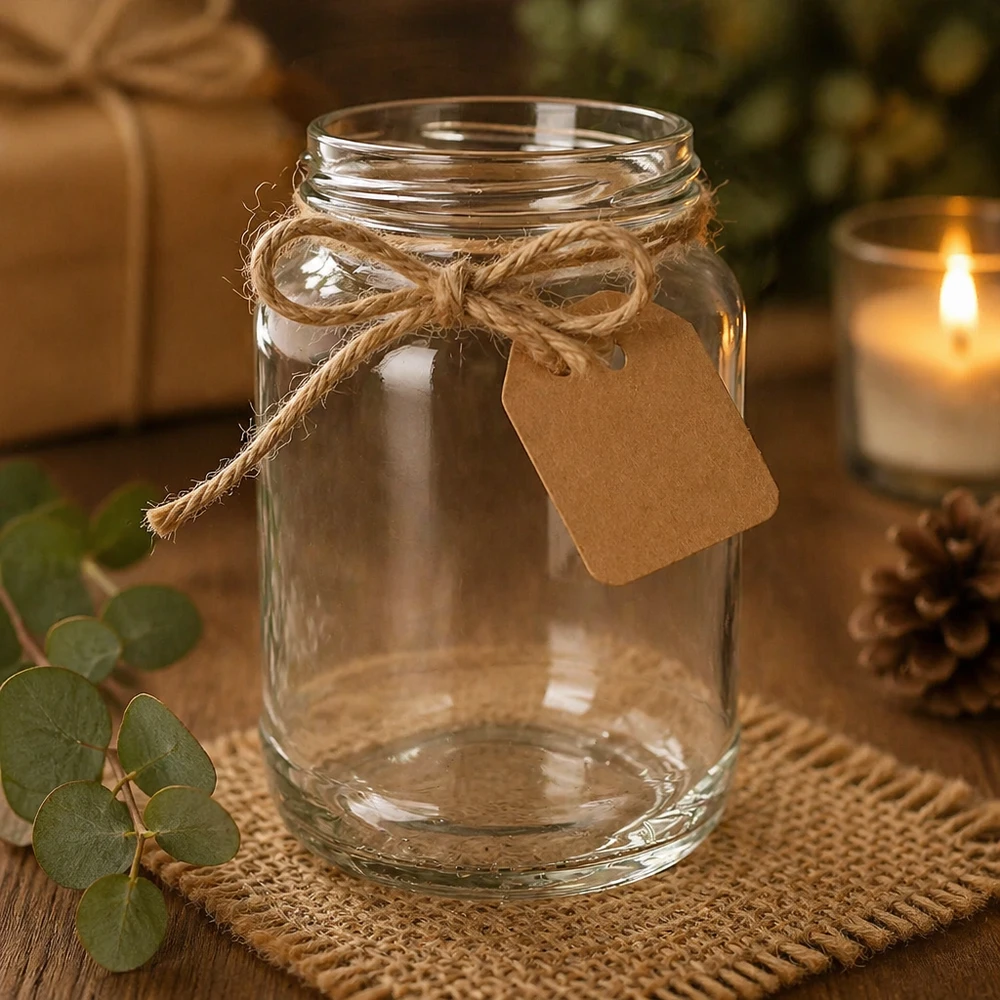 Frasco redondo de 1700ml sem tampa (TO100) UNiTWIST UNiTWIST Runda1700 copos 1700ml TO100 decorativos com cordão de juta etiqueta de oferta decoração rústica