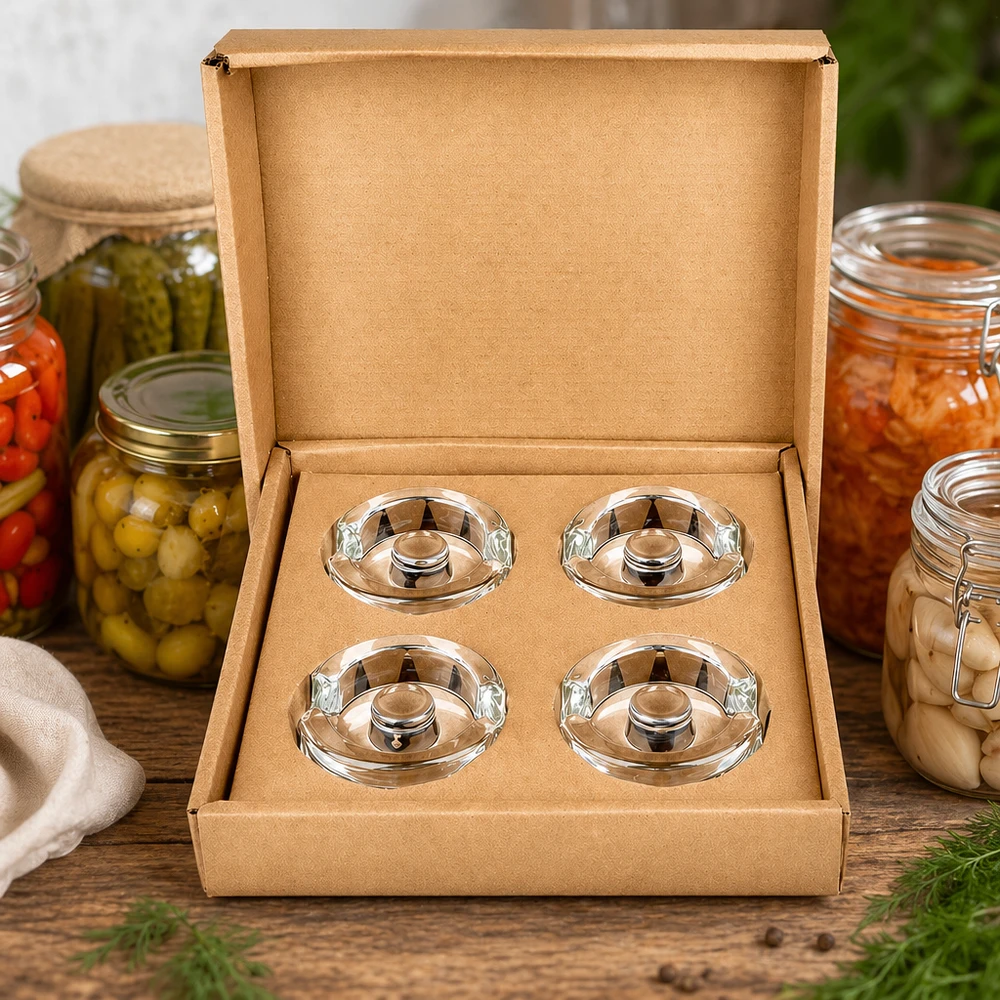 Quatro pesos para frascos de fermentação UNiTWIST com pega em caixa de oferta ao lado de legumes em conserva e frascos de conserva