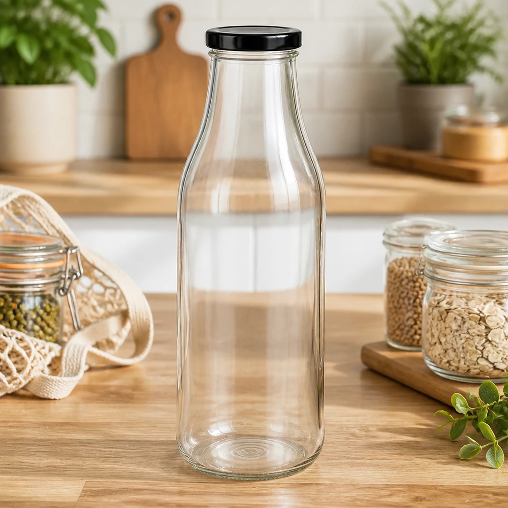 Garrafa de vidro de 1000 ml + tampa BasicSeal preta UNiTWIST 1000ml Glasflasche mit schwarzem Deckel in Zero-Waste Küche zwischen Vorratsgläsern und nachhaltigen Utensilien