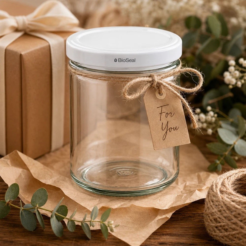 Copos de vidro de 167 ml com tampa BioSeal branca UNiTWIST Frasco de conserva UNiTWIST 167 ml caixa de oferta decoração rústica etiqueta de papel kraft Para si tampa BioSeal