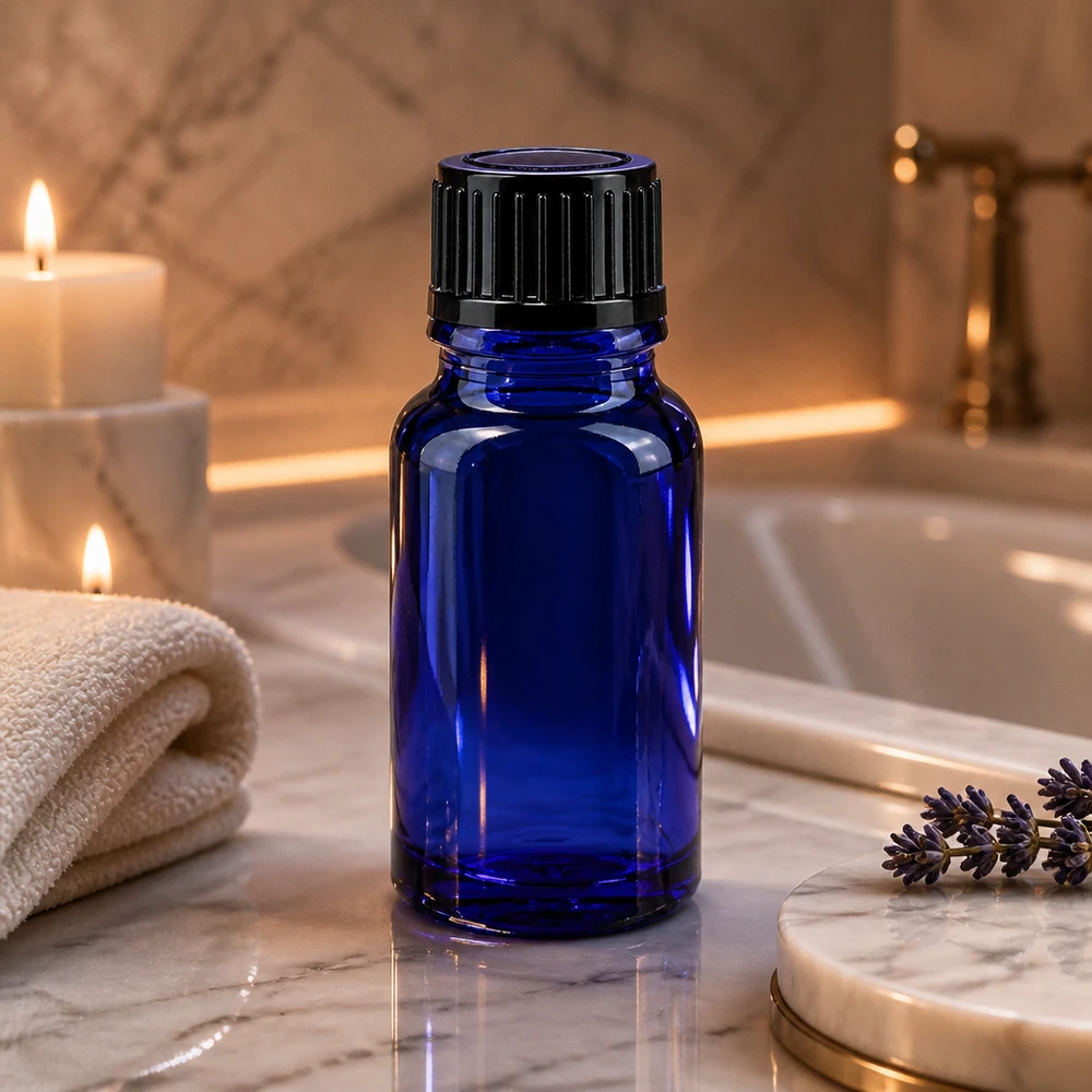 Frasco conta-gotas de precisão de 10 ml, azul, com abertura de 1 mm e tampa preta, em vidro com proteção UV