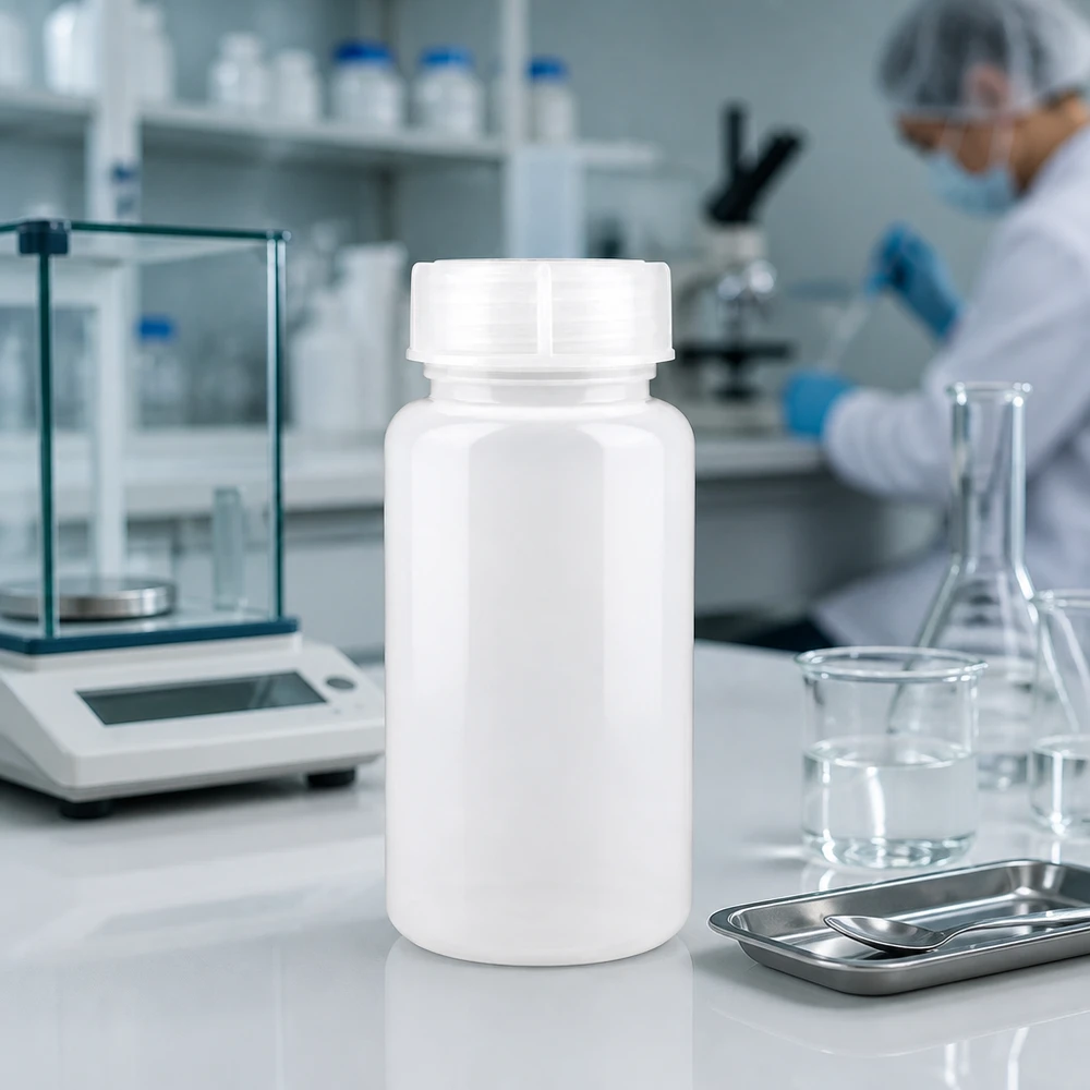 Frasco de laboratório de 1000ml com gargalo largo e tampa de rosca Frasco de laboratório de HDPE de gargalo largo com 1000 ml e tampa de rosca, colocado na mesa de trabalho do laboratório, ao lado da balança analítica