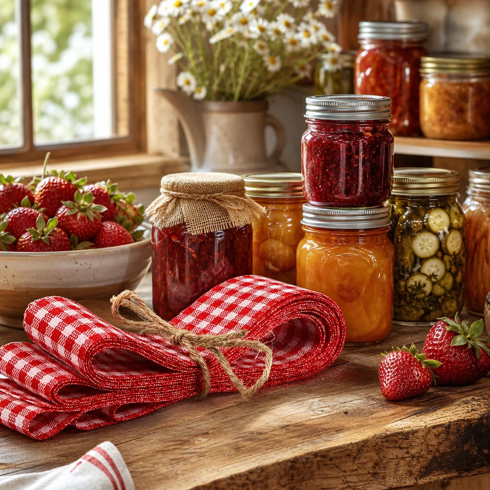 Fita de tecido vermelha/branca para decoração, 300 cm Fita de tecido xadrez vermelha e branca de 300 cm decorada com frascos de conserva e morangos numa cozinha rústica